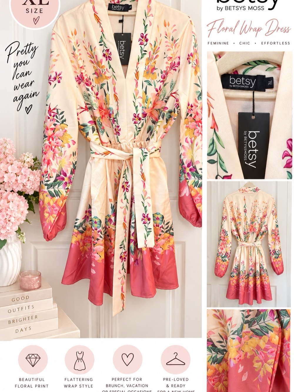 Betsy’s Moss Floral Wrap Dress XL